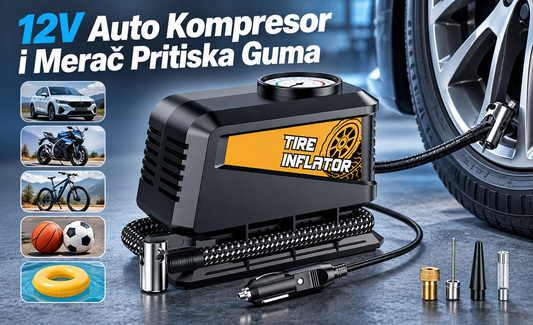 12V Auto Kompresor i Merač Pritiska Guma – praktična pomoć za svakog vozača