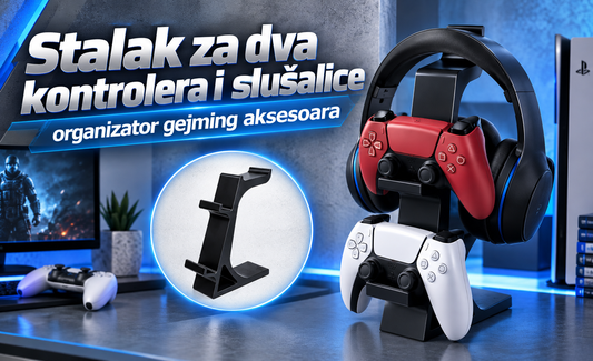Stalak za dva kontrolera i slušalice – praktičan organizator za gaming sto