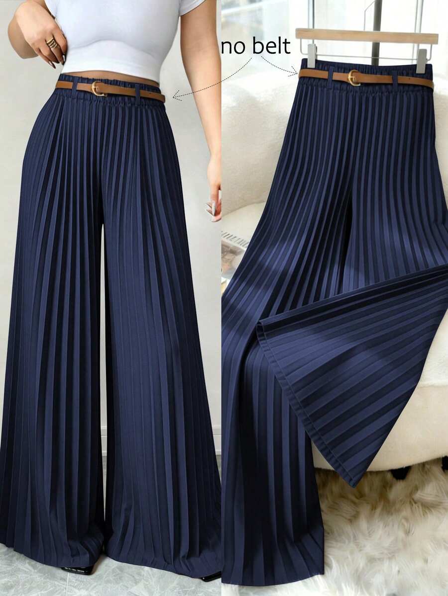 Ženske Elegantne Pantalone sa Kaišem – Ravni Kroj, Teget Plava, Prirodni Struk