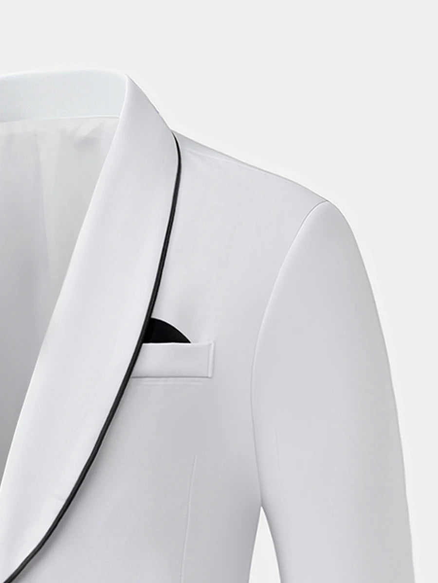Muški beli uski kroj set od sakoa sa šalom kragnom i crnim detaljima i pantalonama