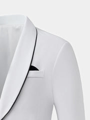 Muški beli uski kroj set od sakoa sa šalom kragnom i crnim detaljima i pantalonama