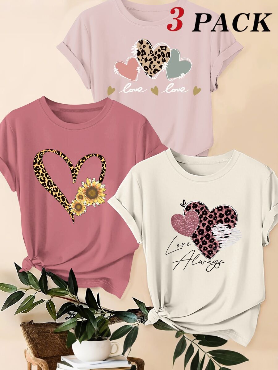 3 kom/set letnjih majica: ležerna majica plus size sa leopard printom, srcem i slogan grafikom