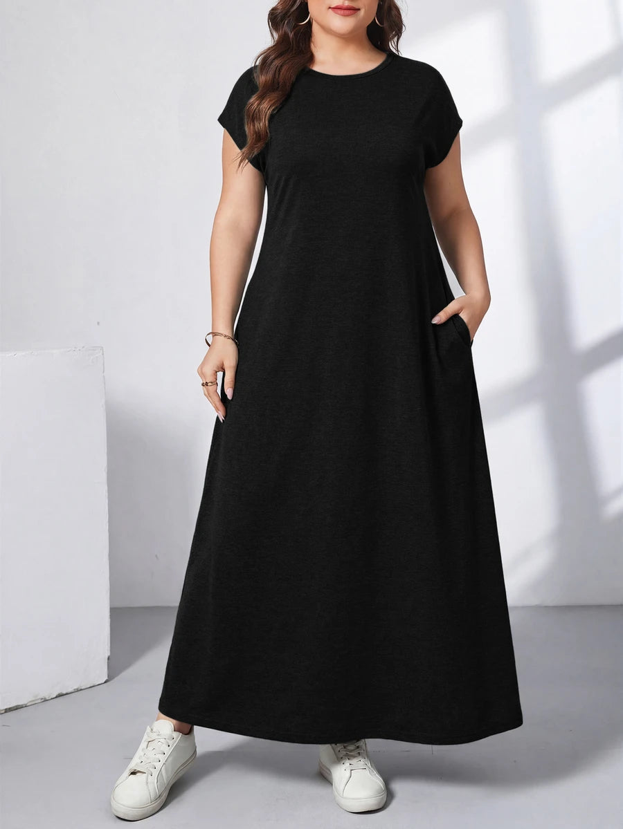 Ženska ležerna haljina plus size, jednobojna, sa okruglim izrezom, kratkim rukavima i džepom
