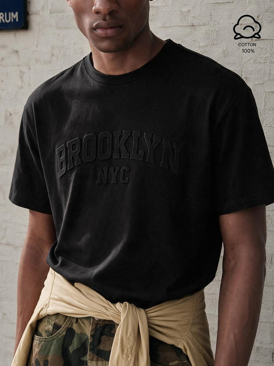 Muška crna uska majica od 100% pamuka sa 3D Brooklyn grafičkim dizajnom