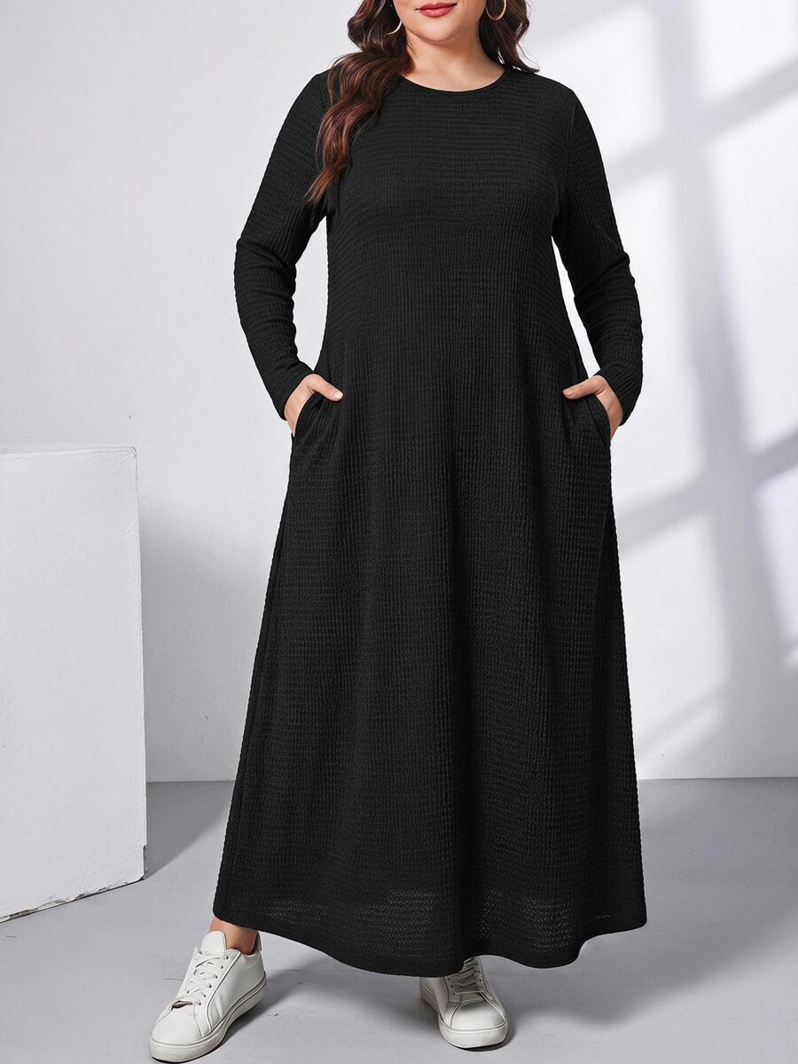 Ženska ležerna haljina plus size, jednobojna, sa okruglim izrezom, kratkim rukavima i džepom