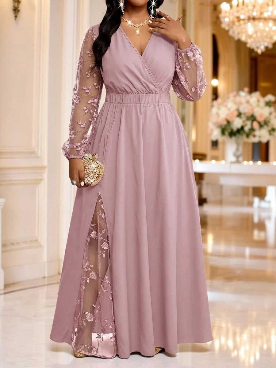 Elegantna haljina , plus size, sa vezom i mrežastim detaljima