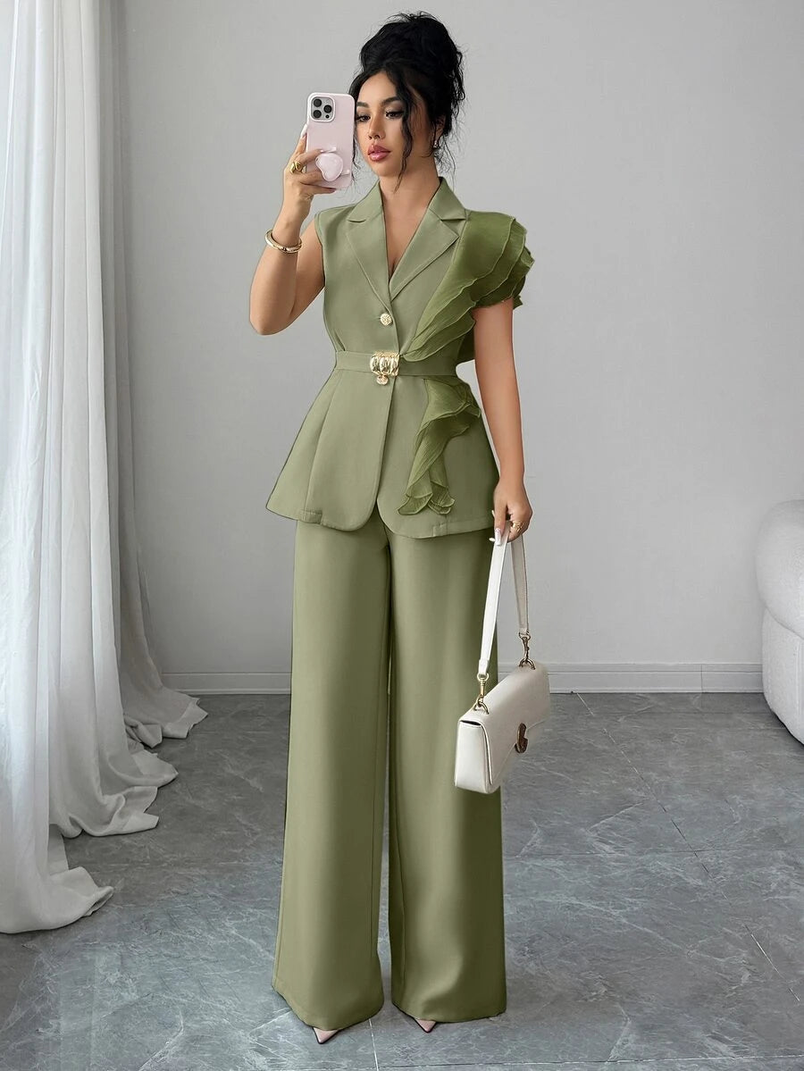 Ženski elegantni letnji luksuzni set -blejzer sa volanim kragnom i vezivanjem u struku uz pantalone