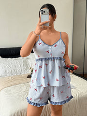 Prugasti pidžama set za žene plus size sa mašnom, kontrastnim bojama i karnerima