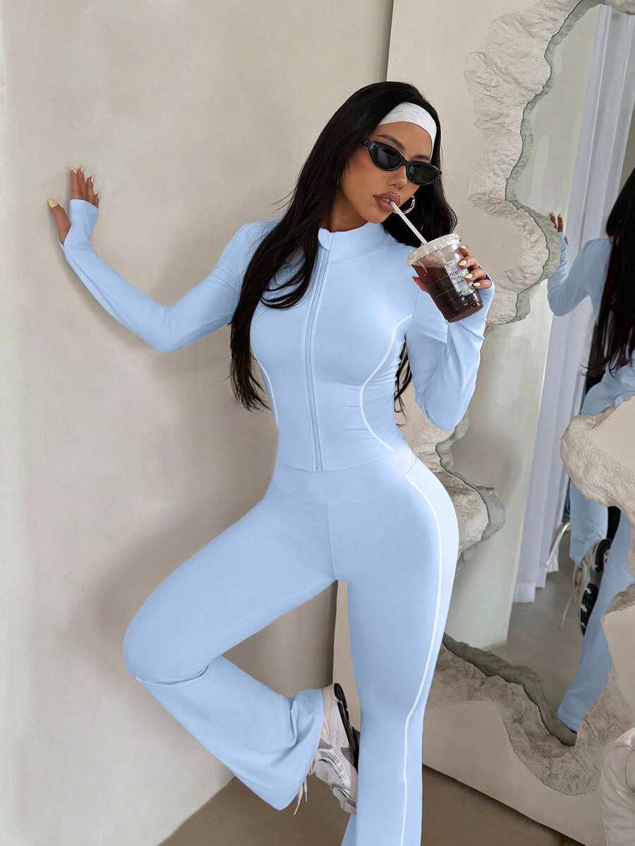 Ženski sportski set od 2 komada  jakna sa kontrastnim prugama i pantalone sa visokim strukom