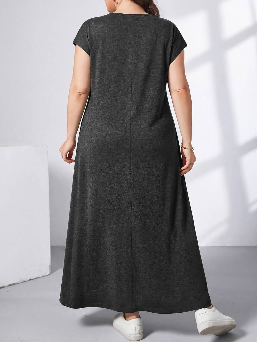 Ženska ležerna haljina plus size, jednobojna, sa okruglim izrezom, kratkim rukavima i džepom