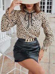 Balvessa Dalmatian Print Frill Trim Flounce Sleeve Tie Neck Blouse,Long Sleeve Tops Fall Cloth For Women