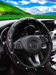 MEIKAXIU 1pc Faux Sheep Skin Plush Rhinestoned Bling Bling Car Steering Wheel Cover With Inner Lining, Fits 14.5-15 Inch Round Steering Wheel, Black, Unisex, Car Accessories Women