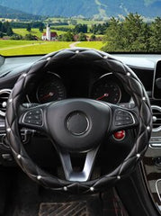 MEIKAXIU 1pc Faux Sheep Skin Plush Rhinestoned Bling Bling Car Steering Wheel Cover With Inner Lining, Fits 14.5-15 Inch Round Steering Wheel, Black, Unisex, Car Accessories Women