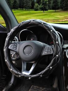 MEIKAXIU 1pc Faux Sheep Skin Plush Rhinestoned Bling Bling Car Steering Wheel Cover With Inner Lining, Fits 14.5-15 Inch Round Steering Wheel, Black, Unisex, Car Accessories Women