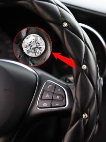 MEIKAXIU 1pc Faux Sheep Skin Plush Rhinestoned Bling Bling Car Steering Wheel Cover With Inner Lining, Fits 14.5-15 Inch Round Steering Wheel, Black, Unisex, Car Accessories Women