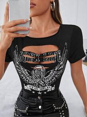SHEIN ICON Slogan Graphic Cut Out Concert Outfits Tee ROCK THE LIFE STAY WILD