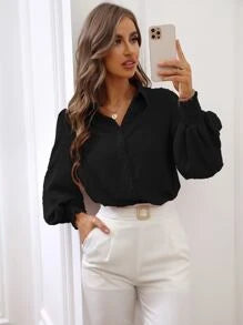 Chiquease Swiss Dot Shirred Lantern Sleeve Shirt,Long Sleeve Tops Fall Cloth For Women