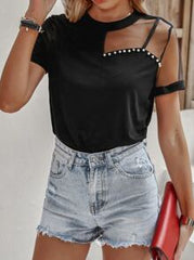 SHEIN LUNE Mesh Panel Pearls Beaded Tee
