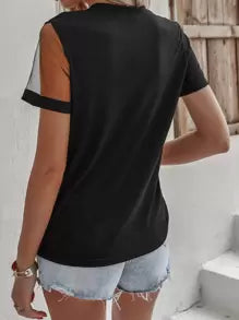 SHEIN LUNE Mesh Panel Pearls Beaded Tee