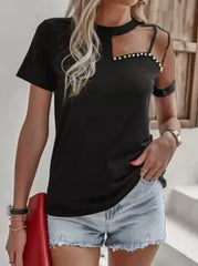 SHEIN LUNE Mesh Panel Pearls Beaded Tee