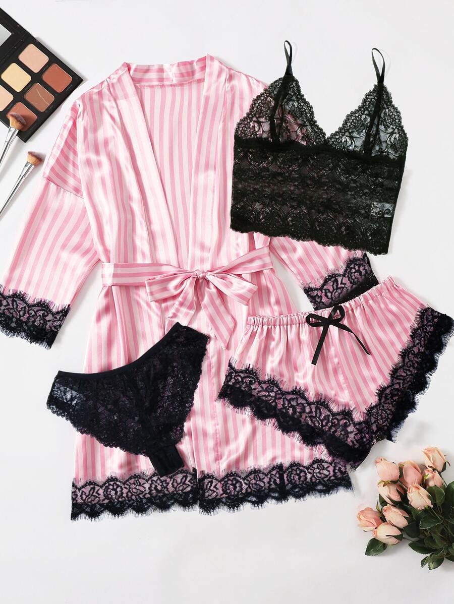 SilkySpell Ženski roze-belo prugasti satenski pidžama set od 4 dela sa čipkastom ivicom