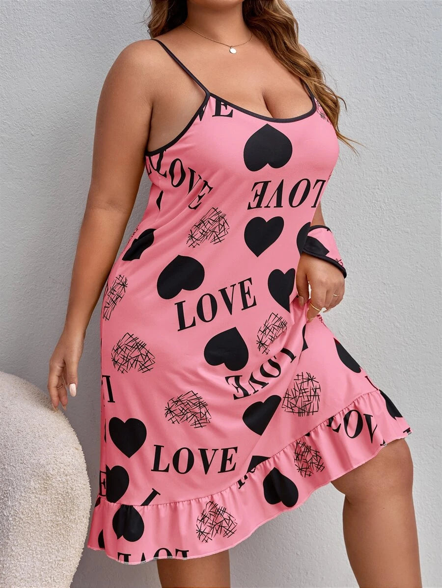 Plus size kamisole haljina za spavanje sa grafikom srca i slova