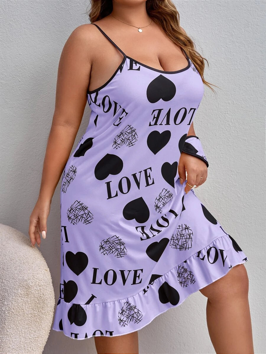 Plus size kamisole haljina za spavanje sa grafikom srca i slova