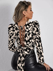 Almamuse Allover Print Tie Back Gigot Sleeve Blouse,Long Sleeve Tops Fall Cloth For Women