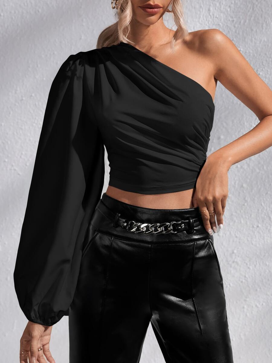 Firerie One Shoulder Lantern Sleeve Crop Blouse