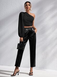 Firerie One Shoulder Lantern Sleeve Crop Blouse