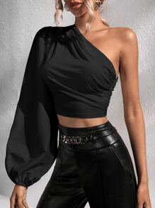 Firerie One Shoulder Lantern Sleeve Crop Blouse