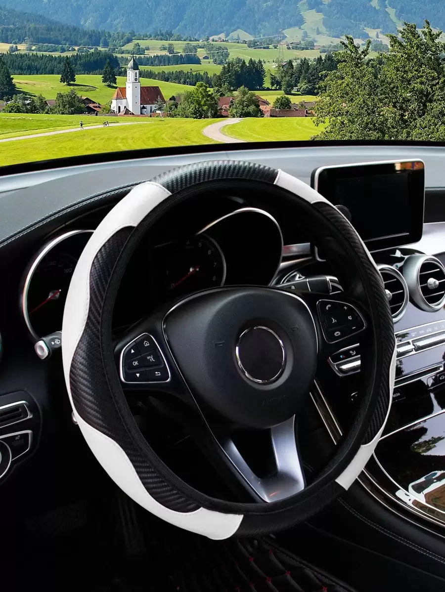MEIKAXIU 1pc Carbon Fiber Leather Comfortable Car Steering Wheel Cover, Fits 14.5-15 Inch Steering Wheel, Elastic Band, Unisex Car Interior Accessories, Suitable For All Seasons,Car Accessories