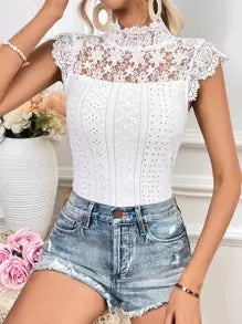 SHEIN Privé Guipure Lace Panel Mock Neck Eyelet Embroidery Tee