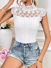 SHEIN Privé Guipure Lace Panel Mock Neck Eyelet Embroidery Tee
