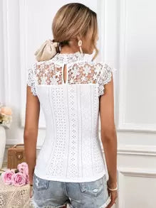SHEIN Privé Guipure Lace Panel Mock Neck Eyelet Embroidery Tee