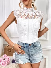 SHEIN Privé Guipure Lace Panel Mock Neck Eyelet Embroidery Tee