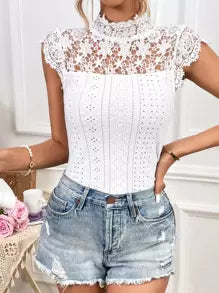 SHEIN Privé Guipure Lace Panel Mock Neck Eyelet Embroidery Tee