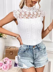 SHEIN Privé Guipure Lace Panel Mock Neck Eyelet Embroidery Tee