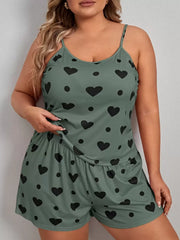 Ženski pidžama komplet plus size sa topom na bretele sa printom srca i pantalonama