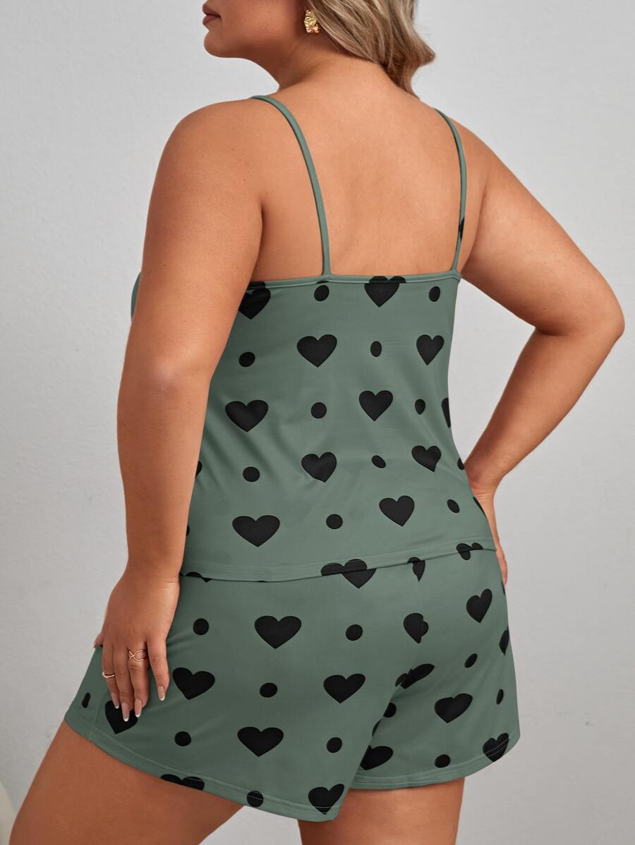 Ženski pidžama komplet plus size sa topom na bretele sa printom srca i pantalonama