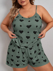 Ženski pidžama komplet plus size sa topom na bretele sa printom srca i pantalonama