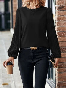 Balvessa Solid Pleated Lantern Sleeve Blouse Fall Cloth For Women