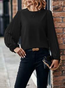 Balvessa Solid Pleated Lantern Sleeve Blouse Fall Cloth For Women