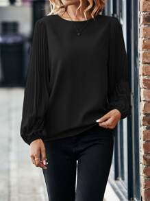 Balvessa Solid Pleated Lantern Sleeve Blouse Fall Cloth For Women
