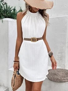 Breezaya Solid Halter Neck Dress Without Belt Vacation Beach Outfits Women