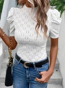 SHEIN Privé Eyelet Embroidery Puff Sleeve Mock Neck Tee