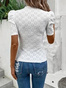 SHEIN Privé Eyelet Embroidery Puff Sleeve Mock Neck Tee