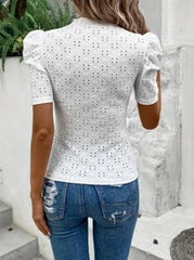 SHEIN Privé Eyelet Embroidery Puff Sleeve Mock Neck Tee
