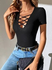SHEIN Tall Criss Cross Front Ribbed Knit Tee