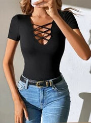 SHEIN Tall Criss Cross Front Ribbed Knit Tee